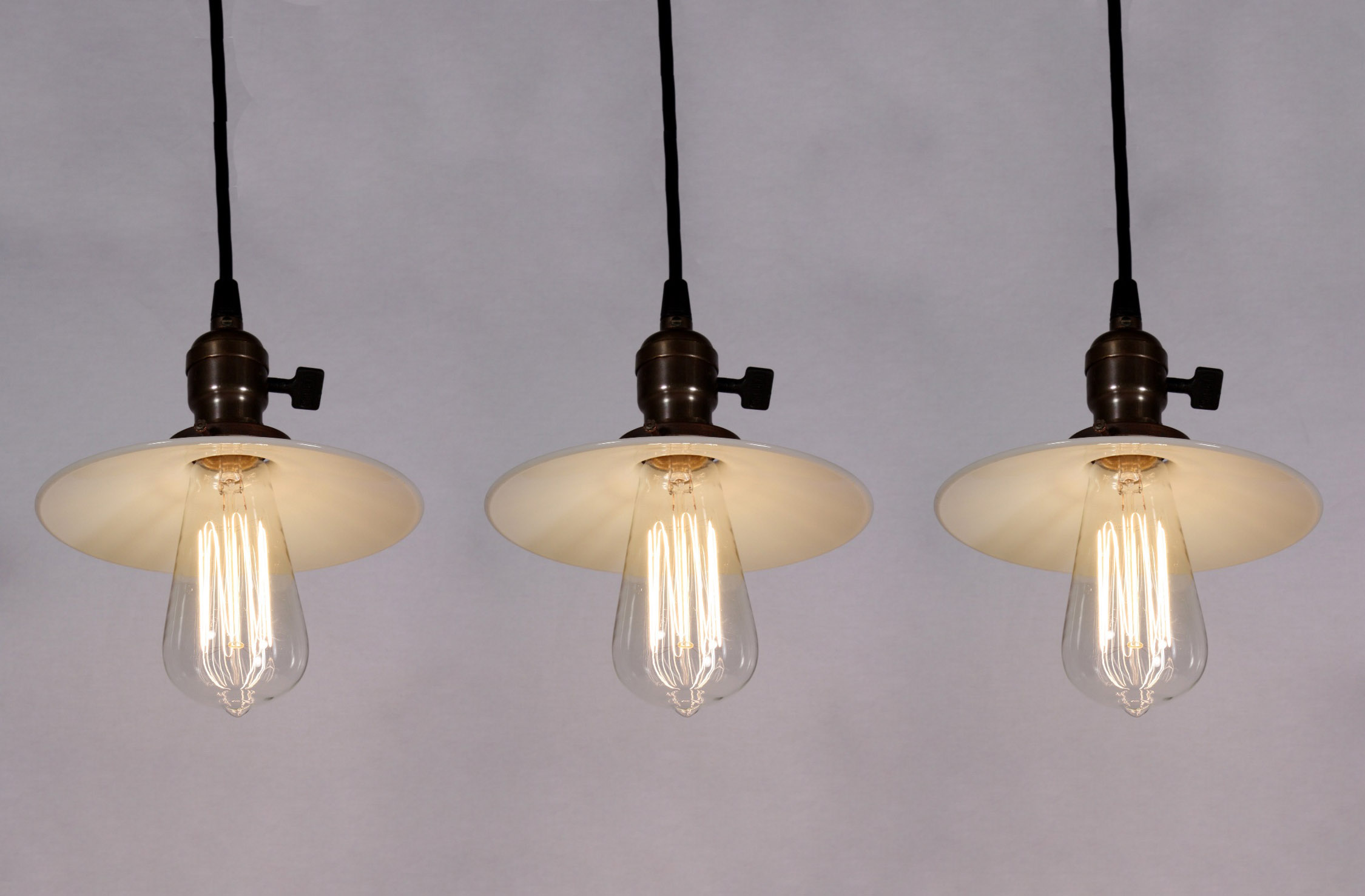 SOLD Set of Three Matching Antique Industrial Pendant Lights with Milk Glass Shades, c. 1905-0
