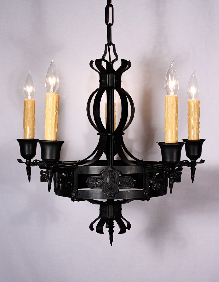 SOLD Amazing Antique Five-Light Iron Chandelier with Shield Design-0