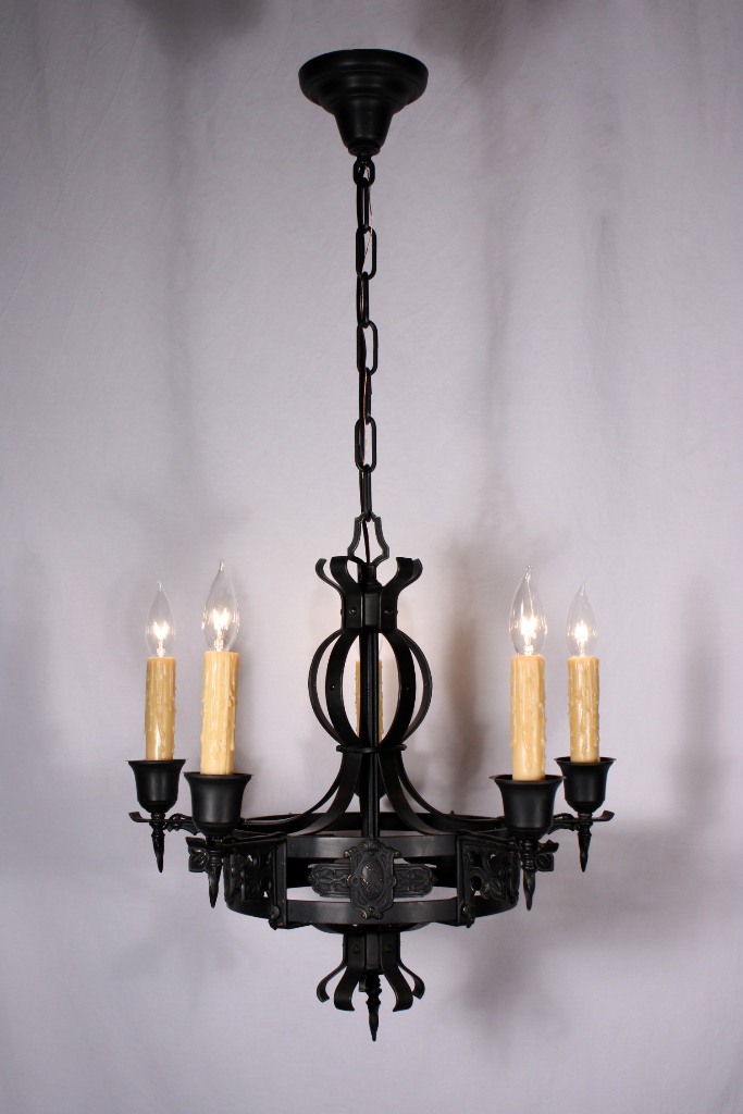 SOLD Amazing Antique Five-Light Iron Chandelier with Shield Design-19401