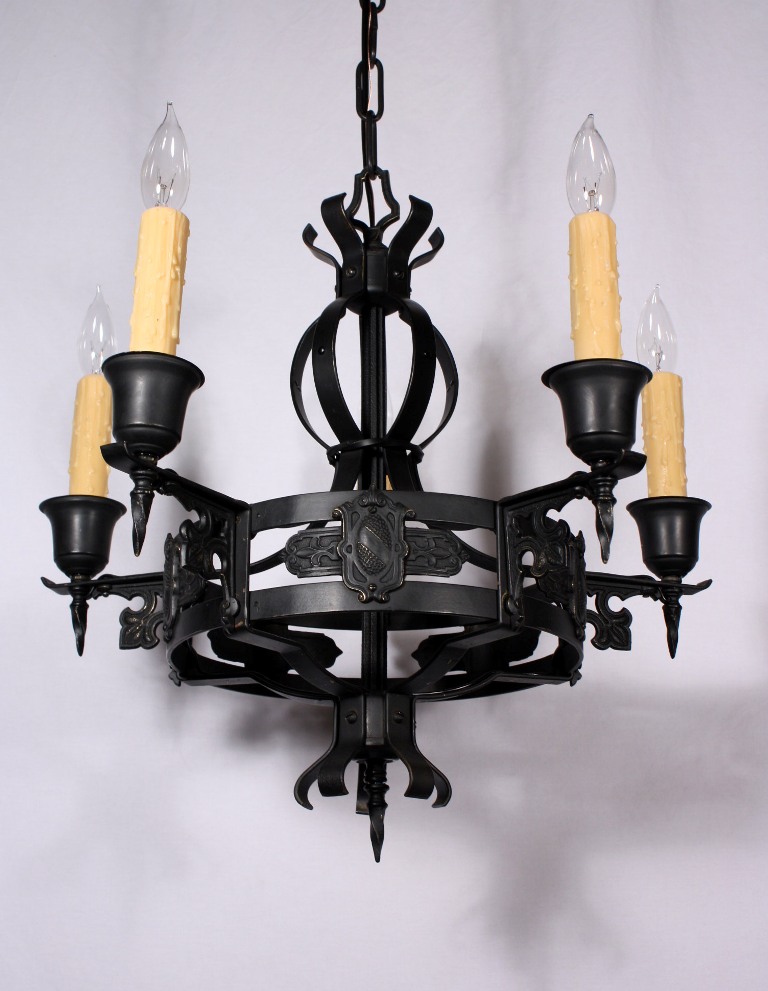 SOLD Amazing Antique Five-Light Iron Chandelier with Shield Design-19397