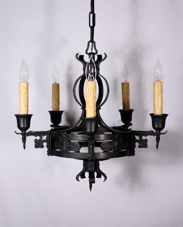 SOLD Amazing Antique Five-Light Iron Chandelier with Shield Design-19398