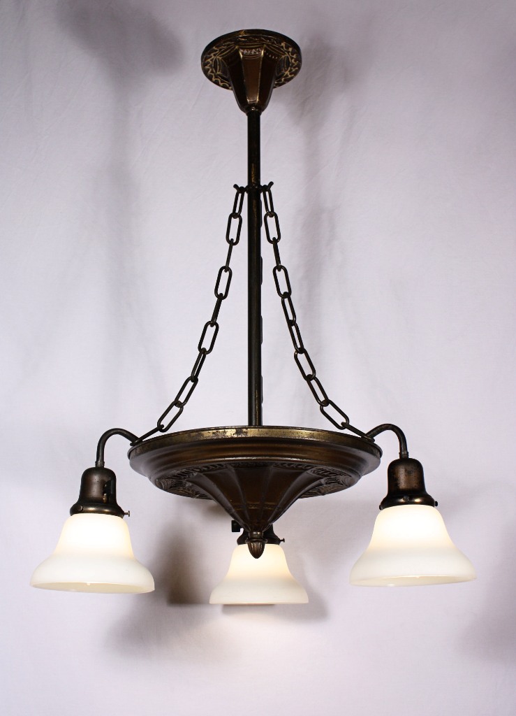SOLD Beautiful Antique Three-Light Neoclassical Chandelier with Original Shades, c. 1905-0