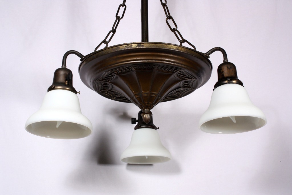 SOLD Beautiful Antique Three-Light Neoclassical Chandelier with Original Shades, c. 1905-19418
