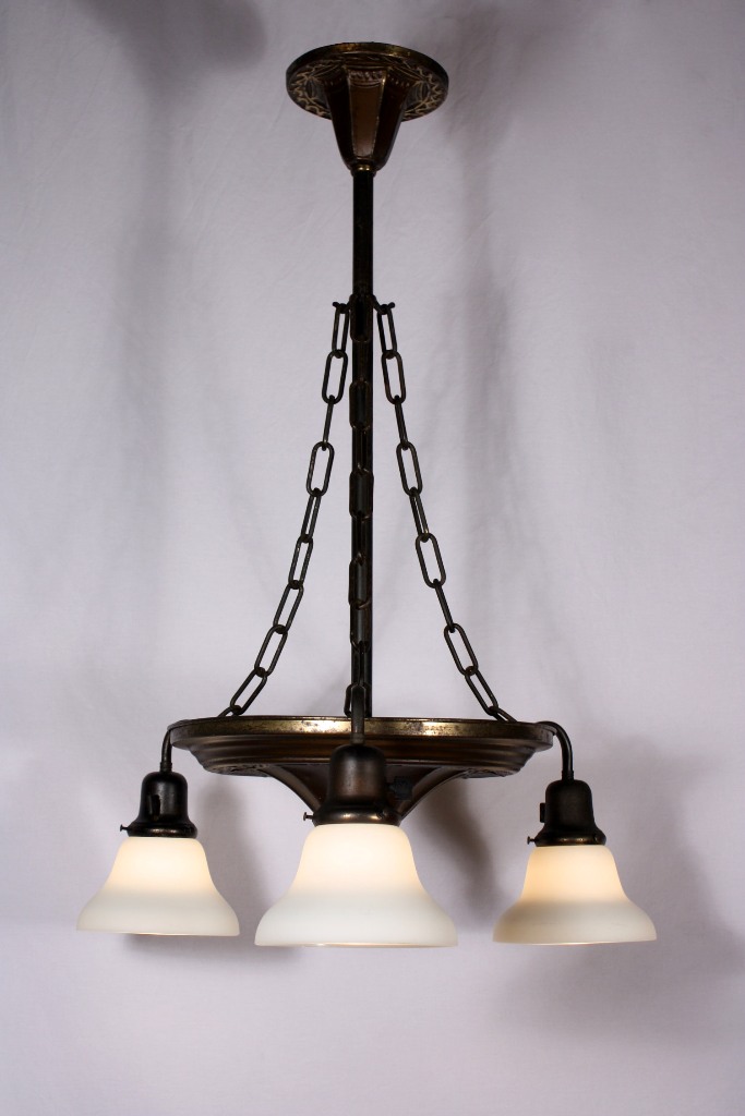 SOLD Beautiful Antique Three-Light Neoclassical Chandelier with Original Shades, c. 1905-19415