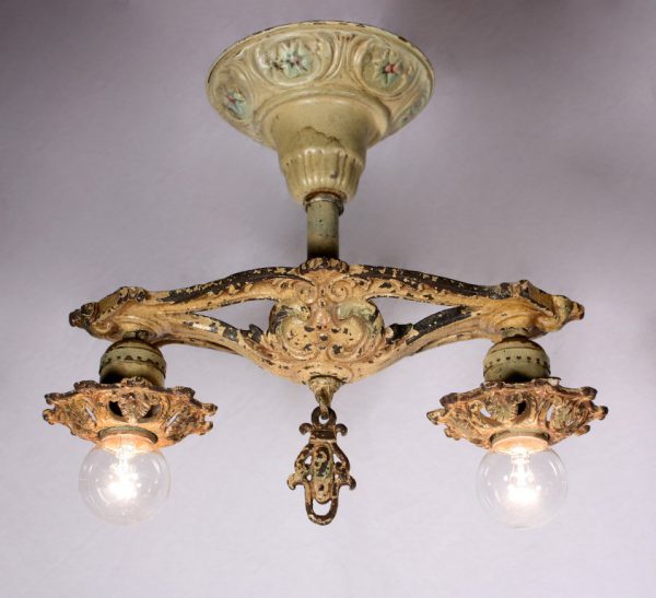 SOLD Delightful Antique Semi-Flush Mount Two-Light Chandelier, Cast Iron with Original Polychrome Finish-0