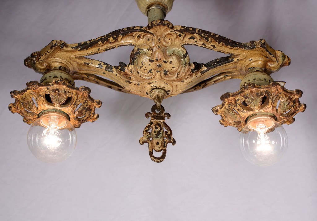 SOLD Delightful Antique Semi-Flush Mount Two-Light Chandelier, Cast Iron with Original Polychrome Finish-19453