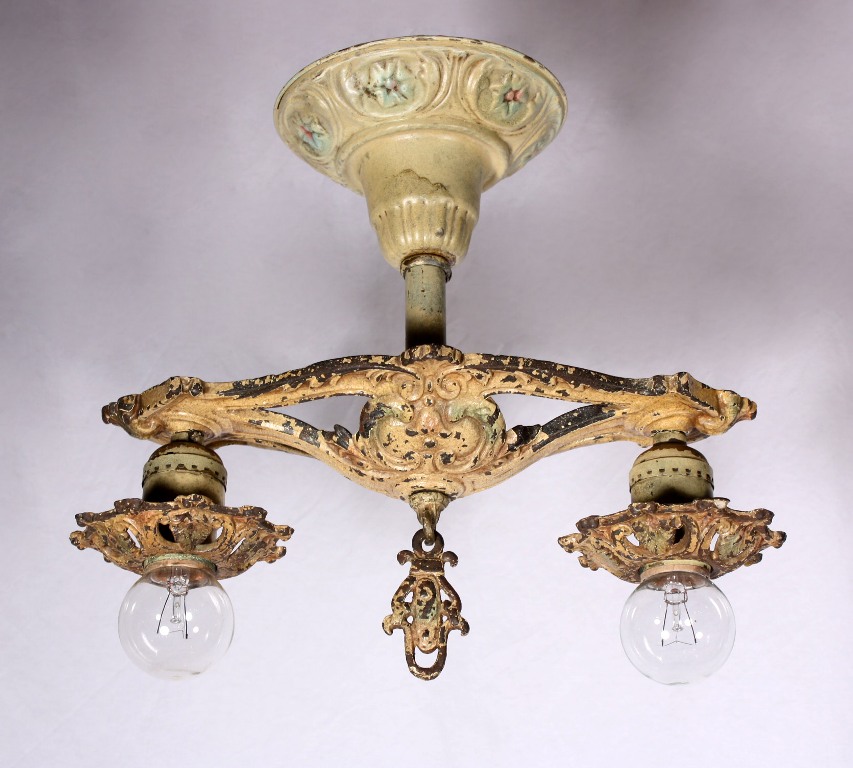 SOLD Delightful Antique Semi-Flush Mount Two-Light Chandelier, Cast Iron with Original Polychrome Finish-19456