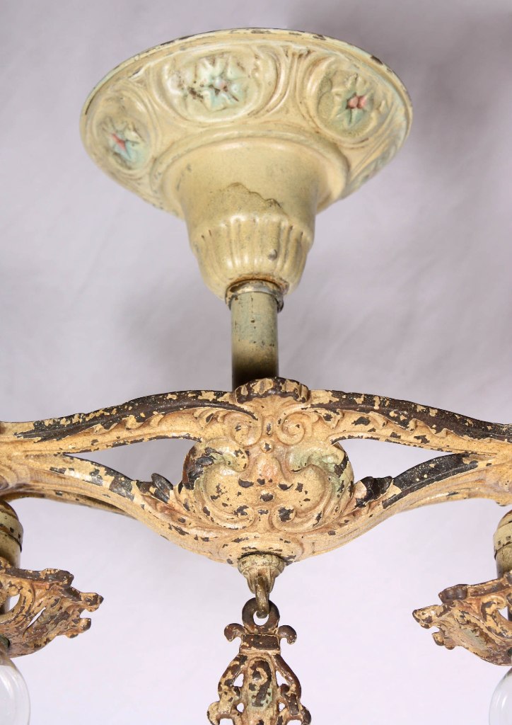 SOLD Delightful Antique Semi-Flush Mount Two-Light Chandelier, Cast Iron with Original Polychrome Finish-19450