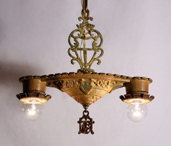 SOLD Charming Antique Two-Light Chandelier, Cast Iron with Original Polychrome Finish-0