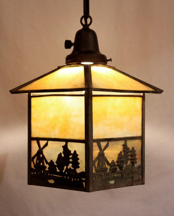 SOLD Fascinating Antique Arts & Crafts Lantern with Windmill Scene, Early 1900’s-0