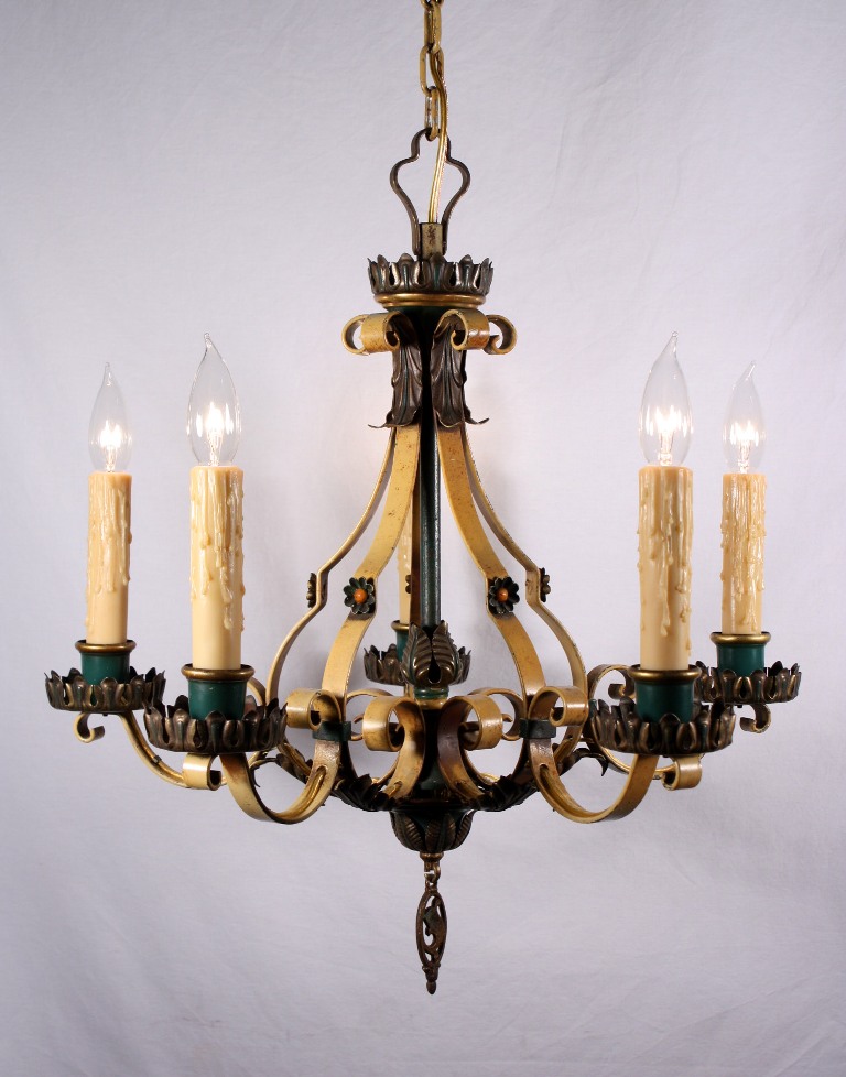 SOLD Brilliant Antique Five-Light Chandelier, Original Polychrome Finish with Turquoise & Coral-0