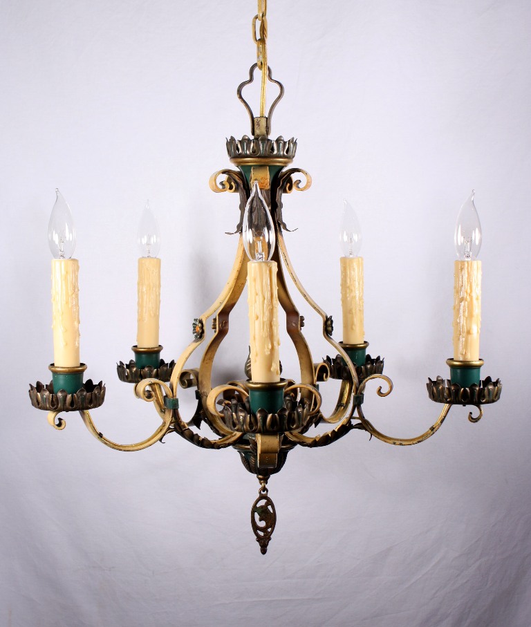SOLD Brilliant Antique Five-Light Chandelier, Original Polychrome Finish with Turquoise & Coral-19551