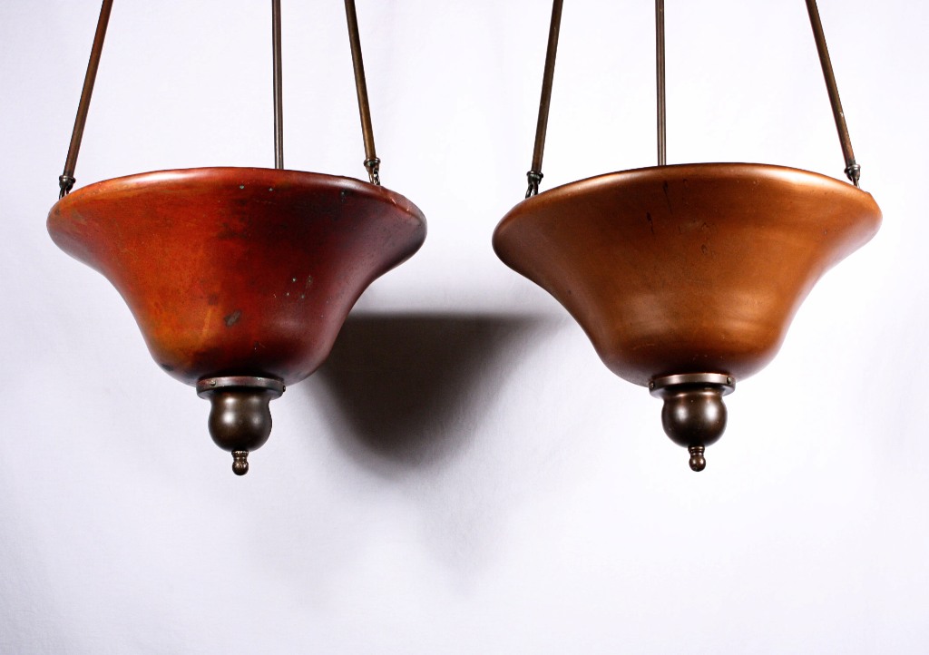 SOLD Charming Pair of Antique Industrial Copper Light Fixtures, c. 1905-19603