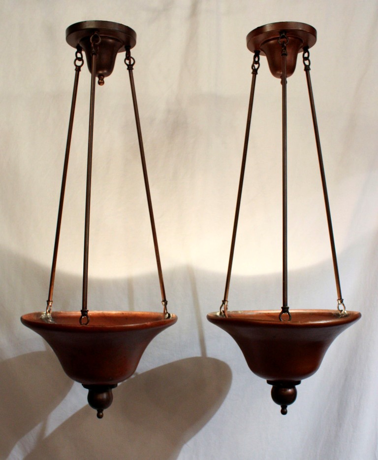 SOLD Charming Pair of Antique Industrial Copper Light Fixtures, c. 1905-19608