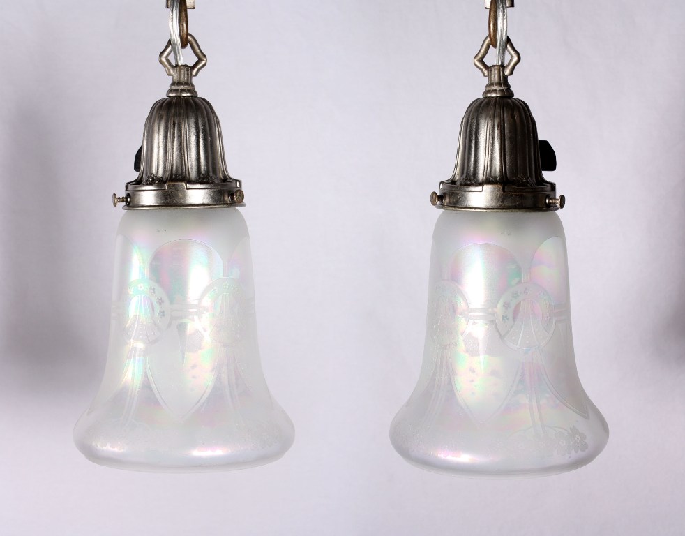 SOLD Beautiful Pair of Antique Neoclassical Pendant Lights, Silver Plate with Original Iridescent Shades-0