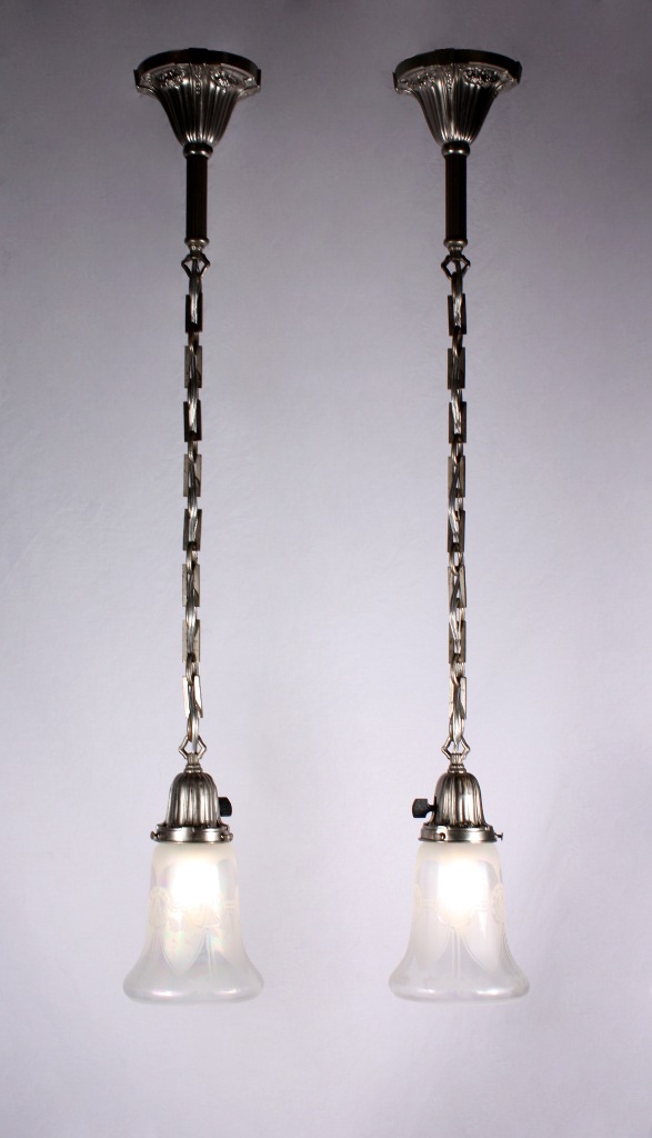 SOLD Beautiful Pair of Antique Neoclassical Pendant Lights, Silver Plate with Original Iridescent Shades-19646