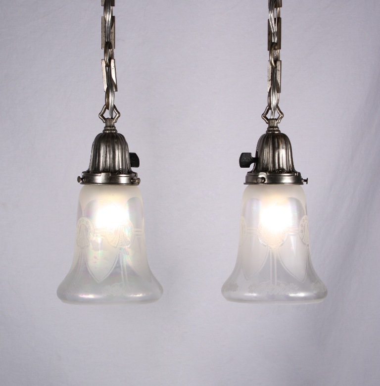 SOLD Beautiful Pair of Antique Neoclassical Pendant Lights, Silver Plate with Original Iridescent Shades-19648