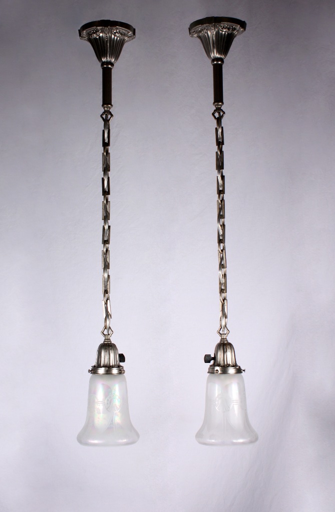 SOLD Beautiful Pair of Antique Neoclassical Pendant Lights, Silver Plate with Original Iridescent Shades-19652