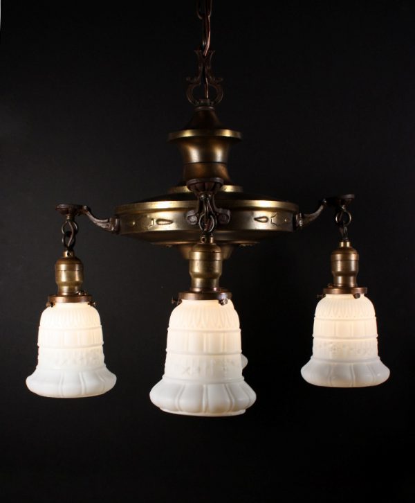 SOLD Fabulous Antique Four-Light Chandelier with Milk Glass Shades-0
