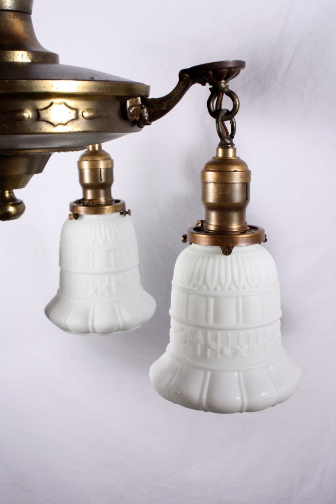 SOLD Fabulous Antique Four-Light Chandelier with Milk Glass Shades-19707