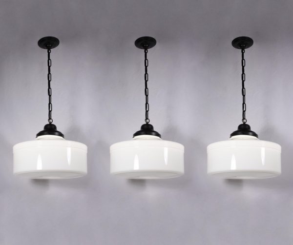 SOLD Three Matching Large Antique Art Deco Pendant Lights with Original Milk Glass Shades-0