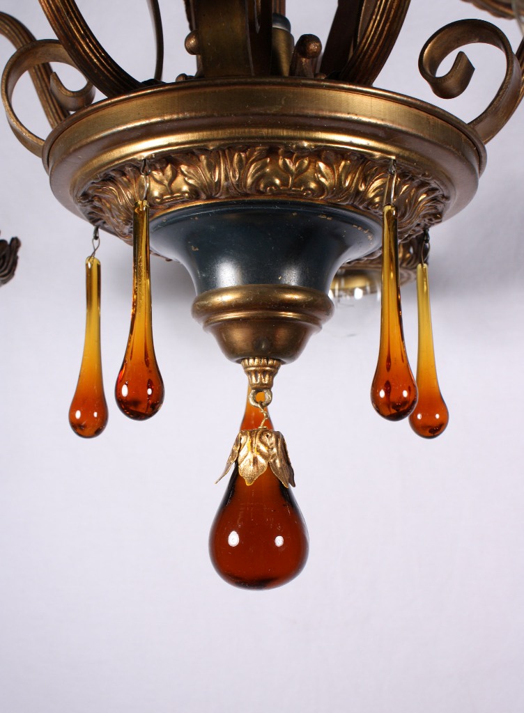 SOLD Fantastic Antique Five-Light Semi-Flush Chandelier with Amber Teardrop Prisms-19753