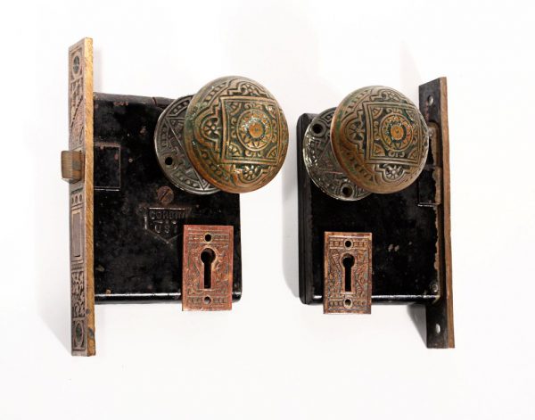 SOLD Two Sets of Antique Cast Bronze Door Knobs with Matching Escutcheons & Locks-0