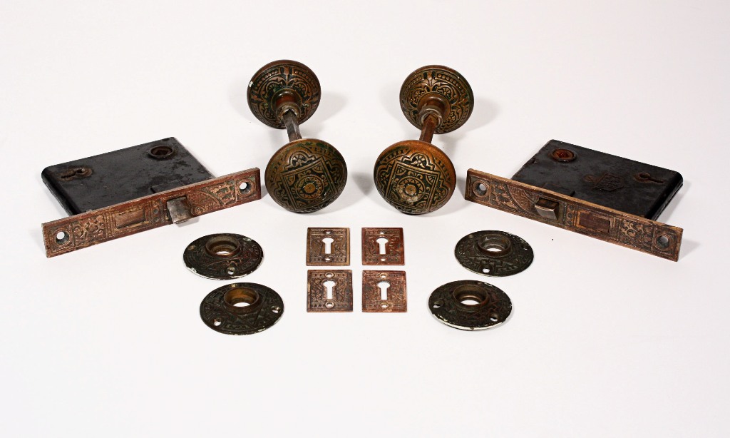 SOLD Two Sets of Antique Cast Bronze Door Knobs with Matching Escutcheons & Locks-19427