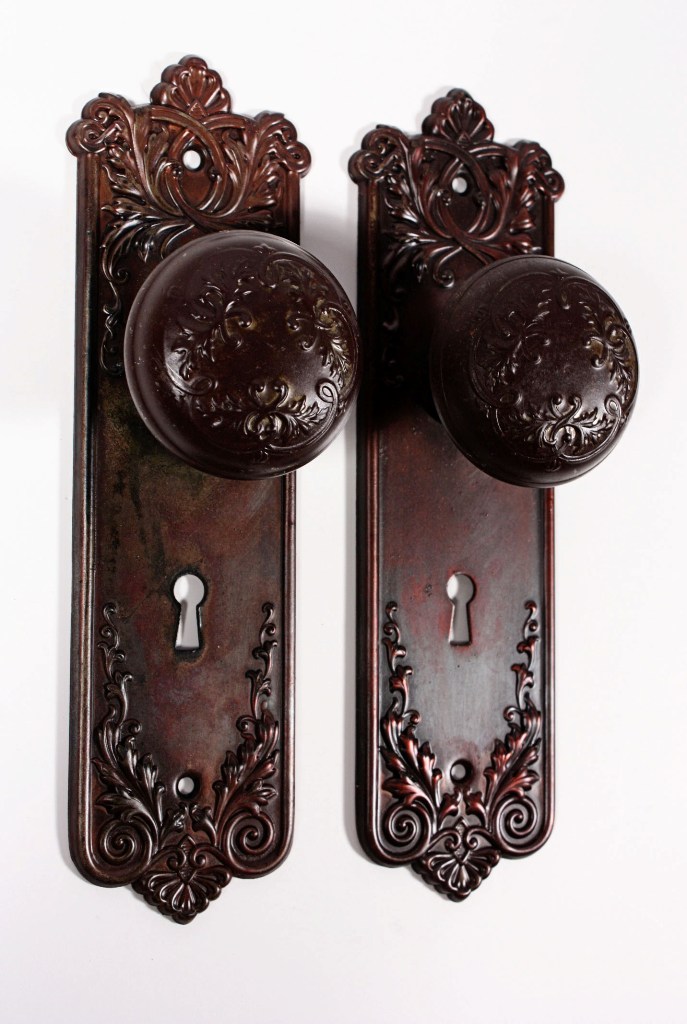 SOLD Two Antique P. & F. Corbin “Lorraine” Door Knob Sets with Back Plates, c. 1905-0