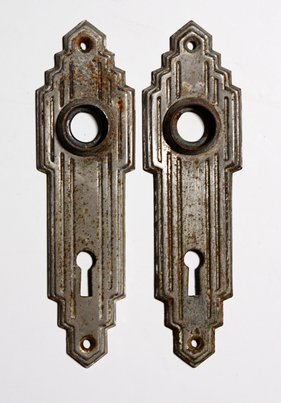 SOLD Antique Art Deco Door Backplates, Nickel Finish-0