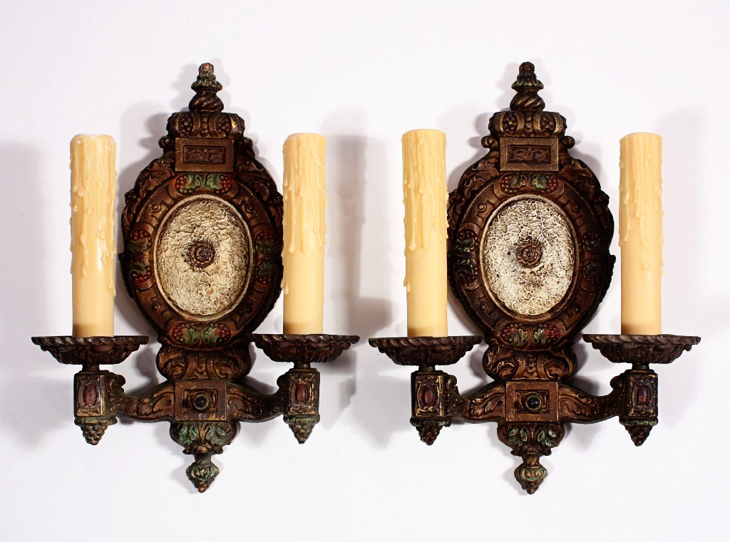 SOLD Pair of Antique Neoclassical Cast Iron Polychrome Sconces, Grapevine Design-0