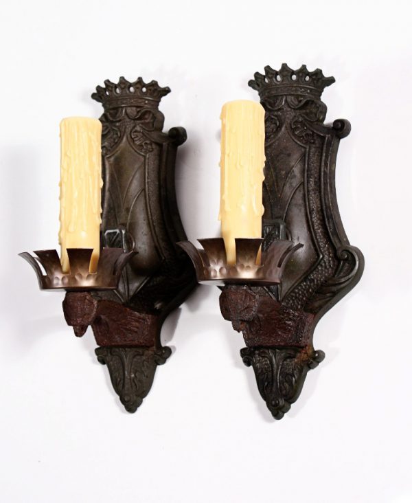 SOLD Regal Pair of Antique Spanish Revival Single-Arm Sconces, Bronze & Iron-0