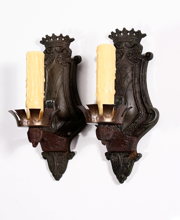 SOLD Regal Pair of Antique Spanish Revival Single-Arm Sconces, Bronze & Iron-0