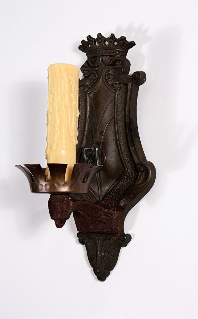 SOLD Regal Pair of Antique Spanish Revival Single-Arm Sconces, Bronze & Iron-19534