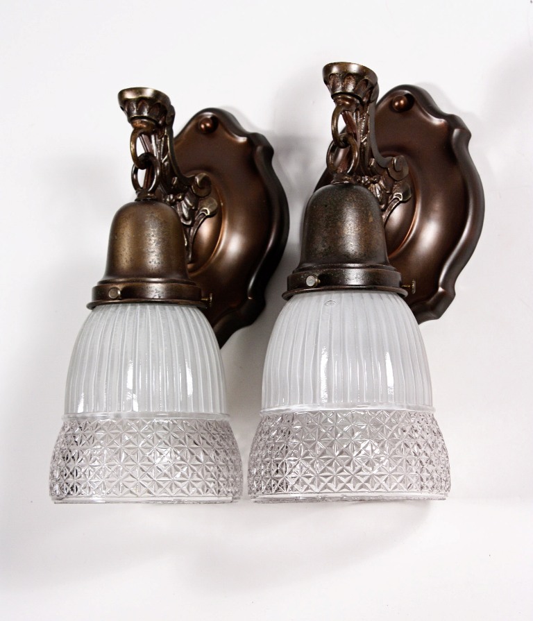 SOLD Wonderful Pair of Antique Brass Sconces with Original Glass Shades-0