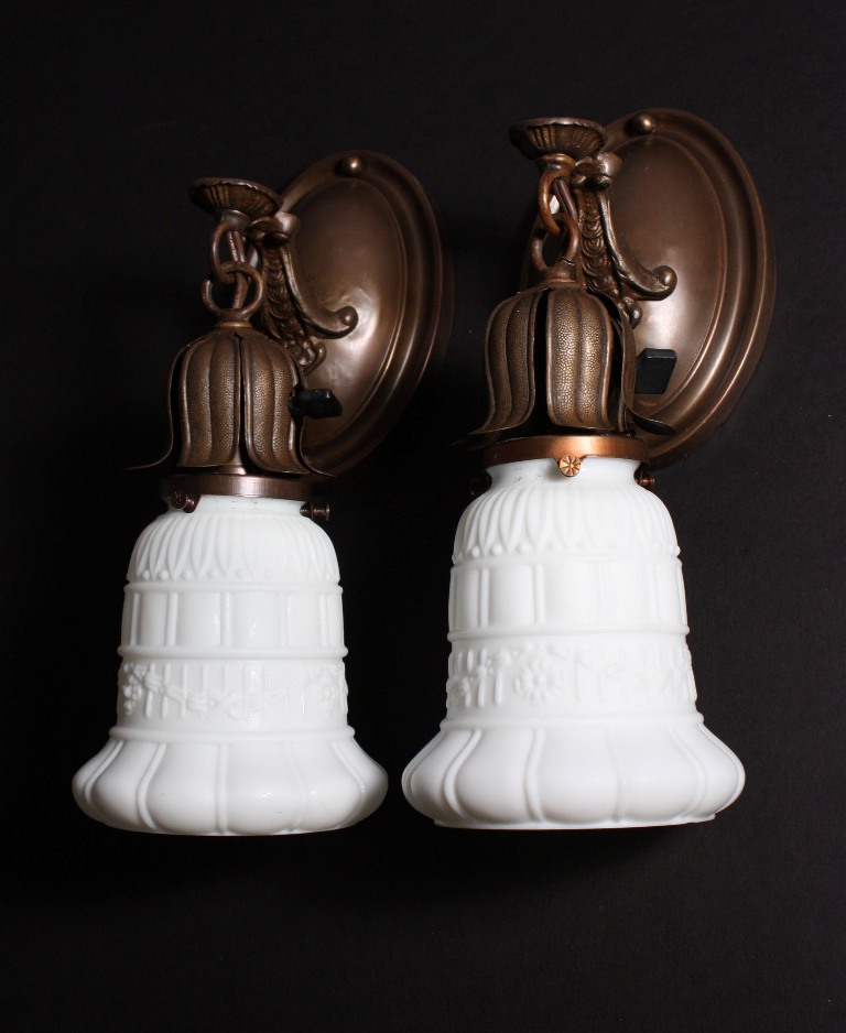 SOLD Fabulous Pair of Antique Brass Single-Arm Sconces with Milk Glass Shades-0