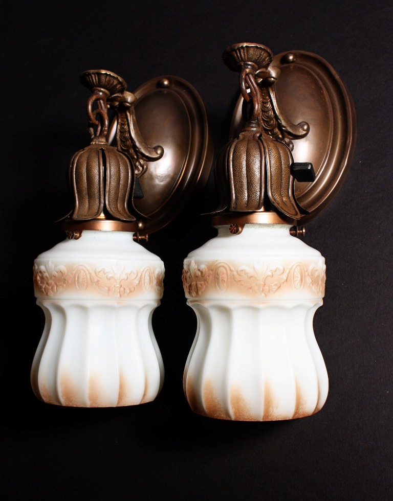 SOLD Marvelous Pair of Antique Brass Single-Arm Sconces with Milk Glass Shades-0
