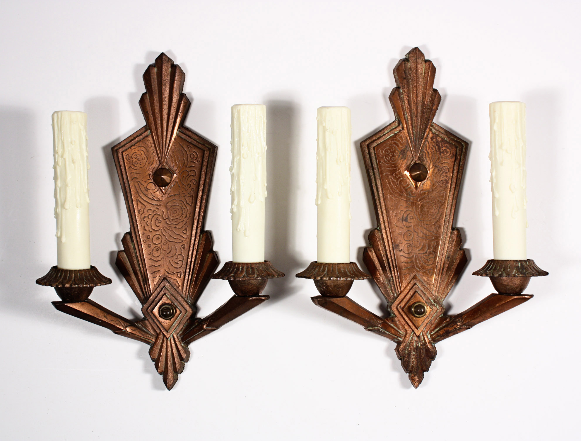SOLD Stunning Pair of Antique Art Deco Double-Arm Sconces, Bronze Plated Iron-0