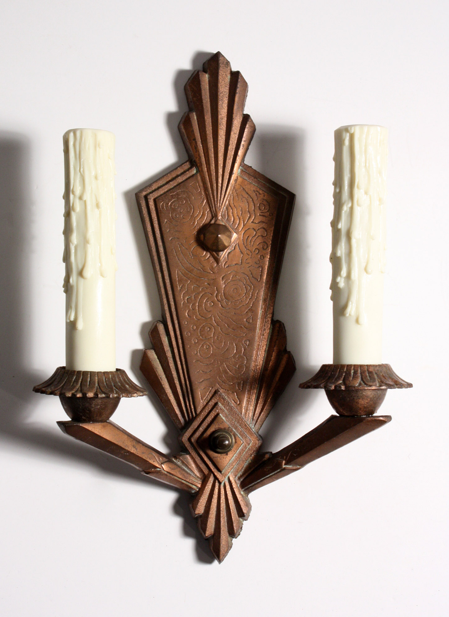 SOLD Stunning Pair of Antique Art Deco Double-Arm Sconces, Bronze Plated Iron-19689