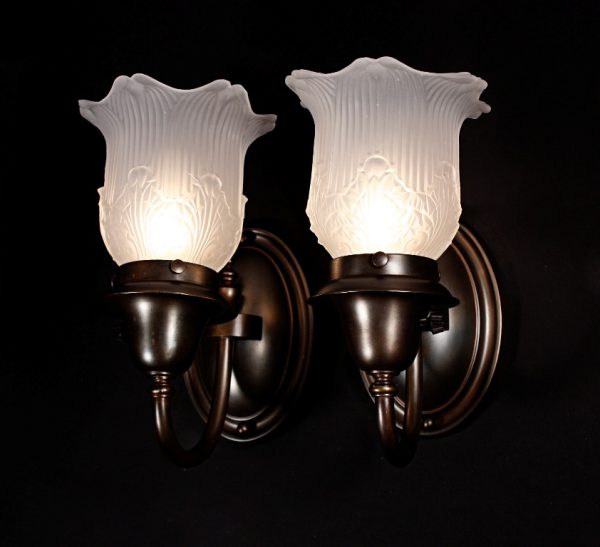 SOLD Lovely Pair of Antique Brass Sconces with Glass Shades-0