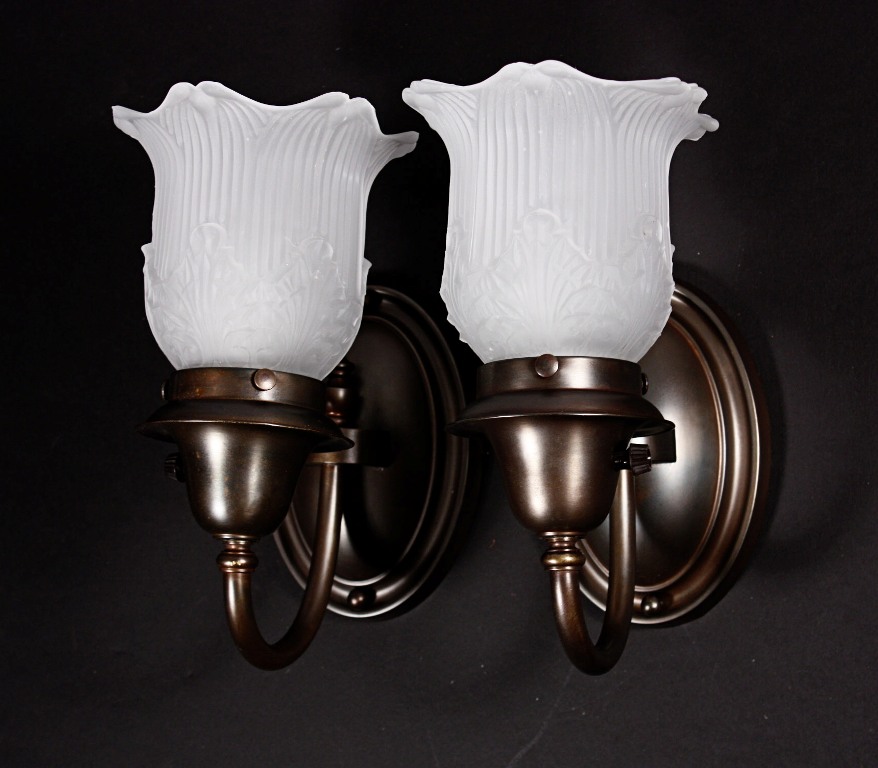 SOLD Lovely Pair of Antique Brass Sconces with Glass Shades-19743