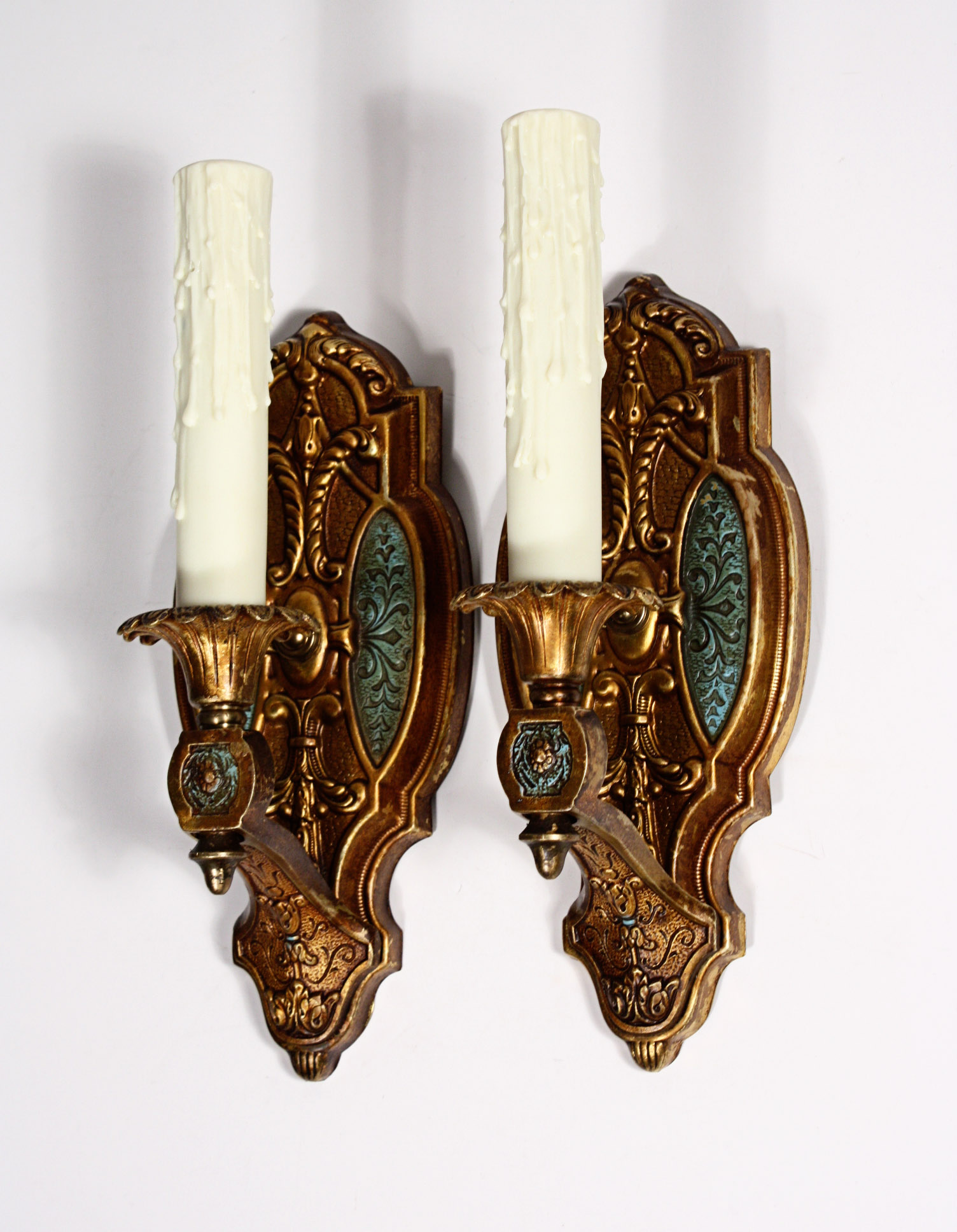 SOLD Wonderful Pair of Antique Brass Single-Arm Sconces, Original Turquoise Polychrome Finish-0
