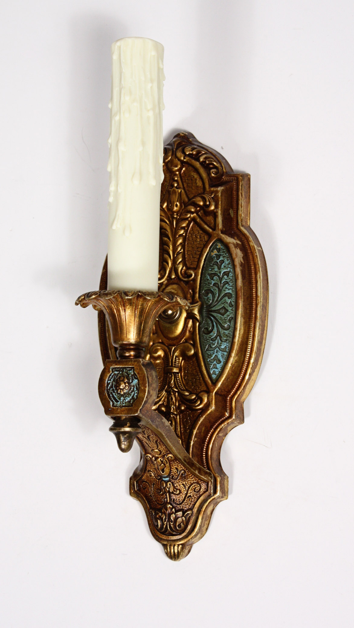 SOLD Wonderful Pair of Antique Brass Single-Arm Sconces, Original Turquoise Polychrome Finish-19945