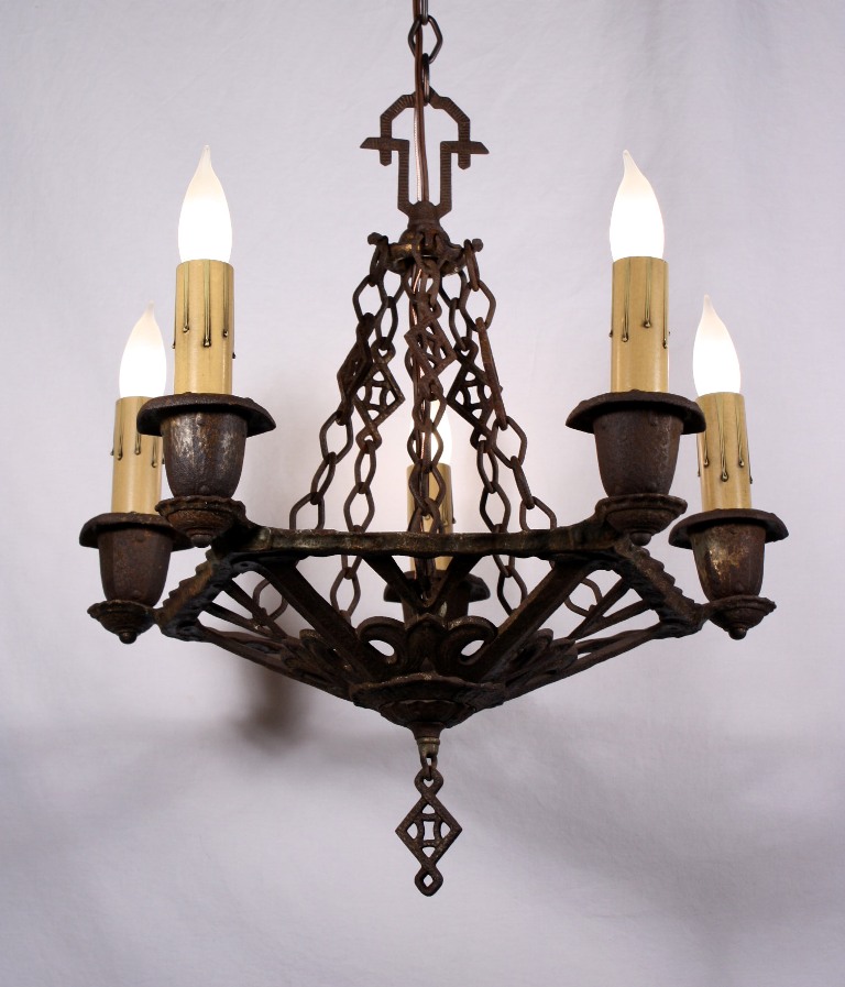 SOLD Handsome Antique Five-Light Tudor Chandelier, Cast Iron-0