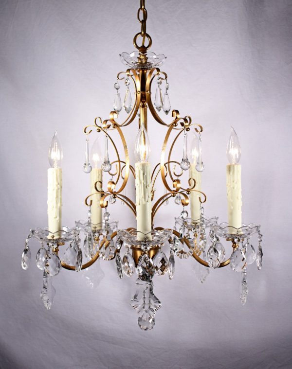 SOLD Stunning Antique Five-Light Gilded Chandelier with Crystal Prisms, c. 1910-0