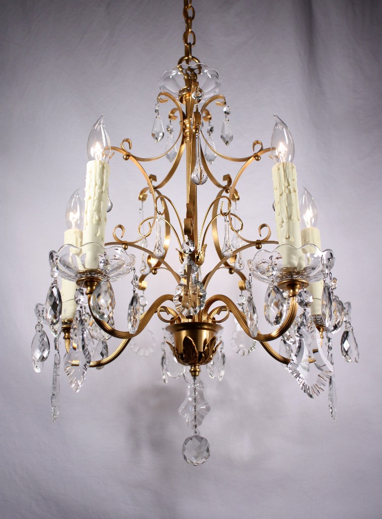 SOLD Stunning Antique Five-Light Gilded Chandelier with Crystal Prisms, c. 1910-19857