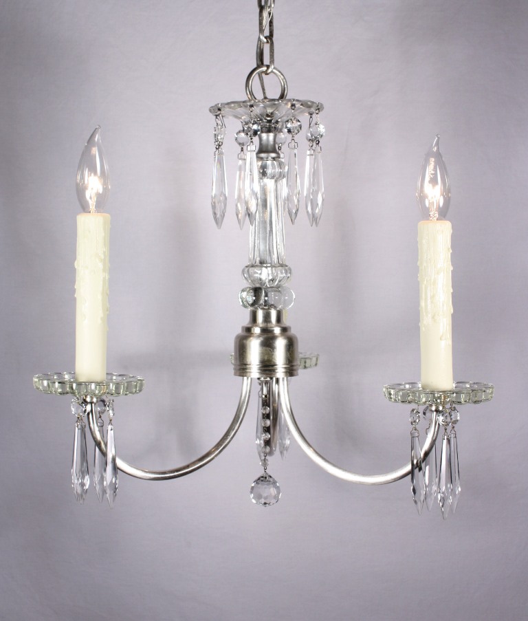 SOLD Lovely Antique Three-Light Silver Plated Chandelier with Crystal-0