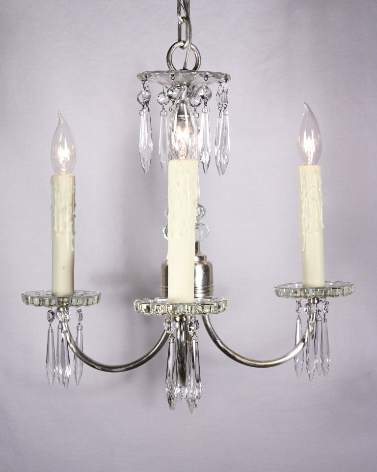 SOLD Lovely Antique Three-Light Silver Plated Chandelier with Crystal-19890