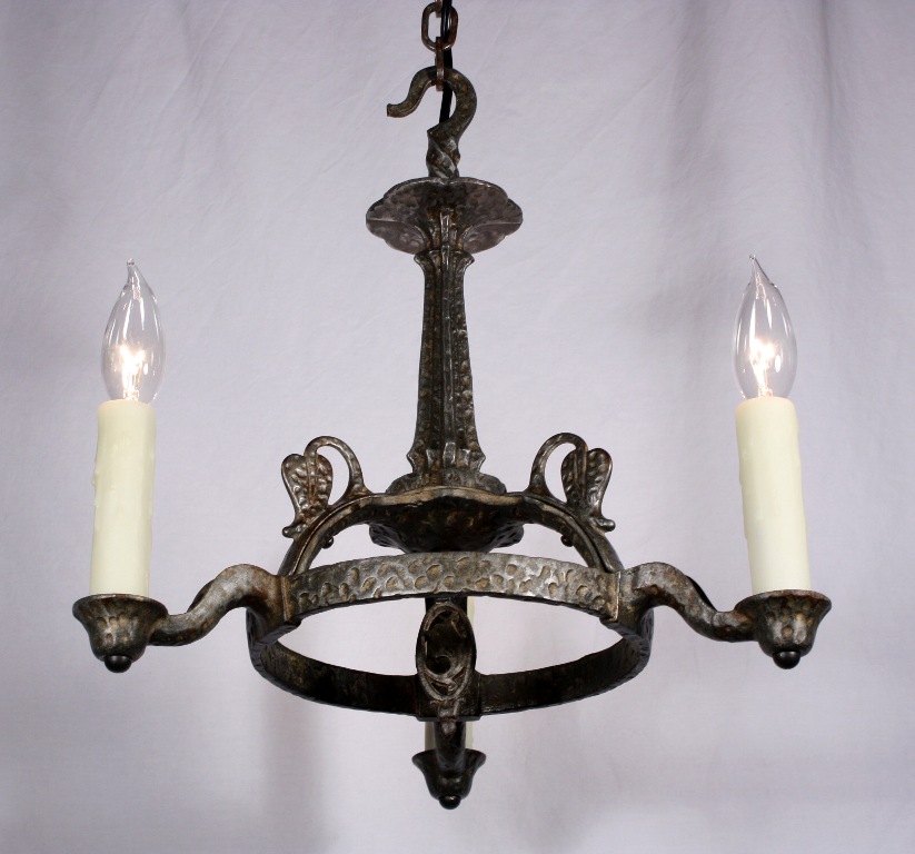 SOLD Two Matching Antique Spanish Revival Three-Light Chandeliers, Cast Iron-19978