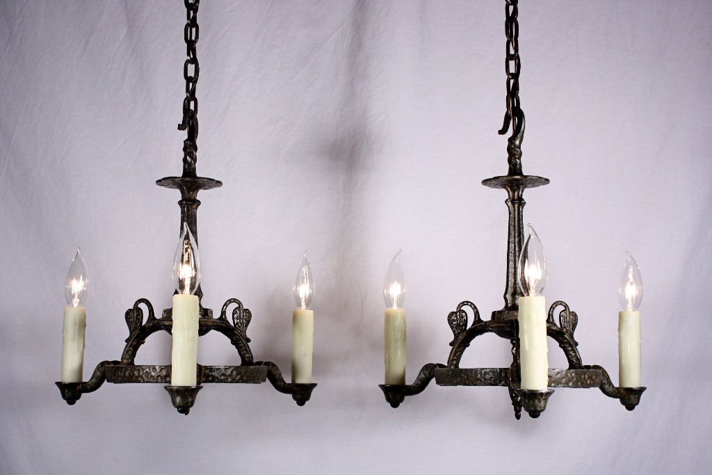 SOLD Two Matching Antique Spanish Revival Three-Light Chandeliers, Cast Iron-19977